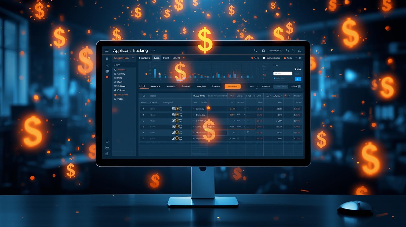 Computer screen with dollar signs floating around it