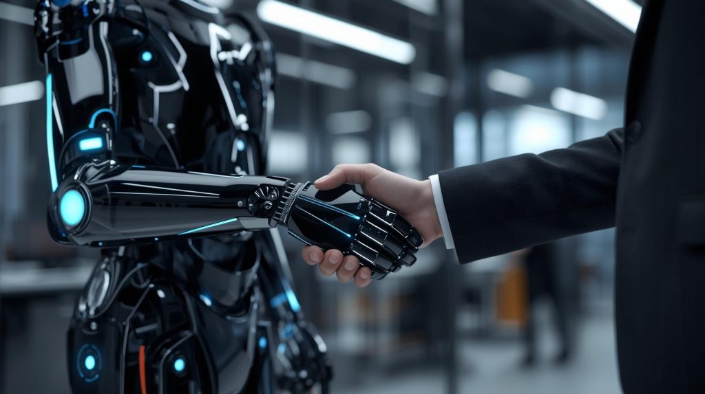 Robot shaking hands with person in a business suit
