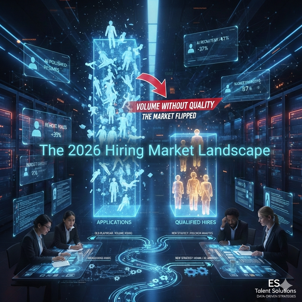 Collage of computer screens with images of people with the title, "The 2026 Hiring Market Landscape"