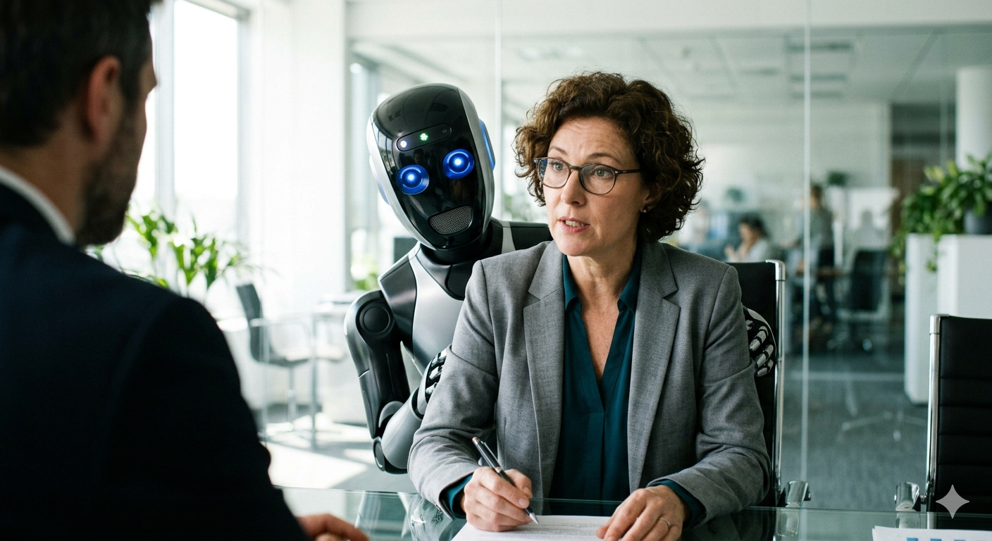 Robot peeking over woman's shoulder as she is interviewing for a job