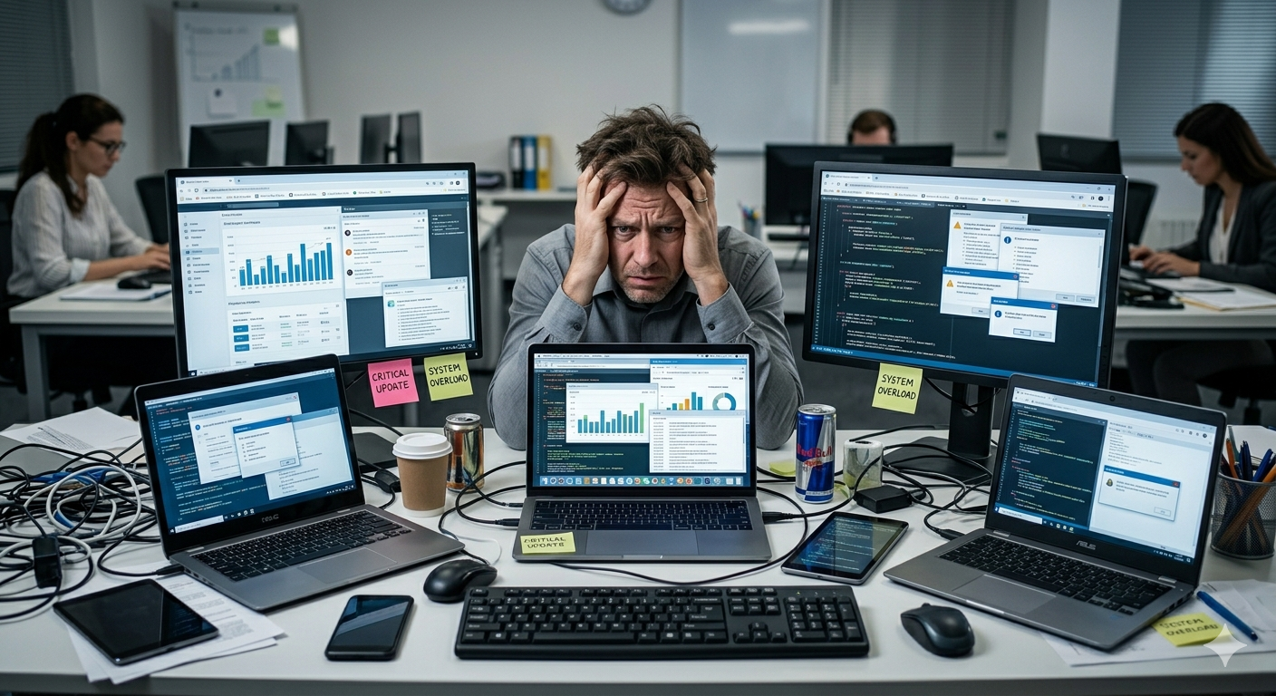 Man in front of computer frustrated with too many systems to deal with