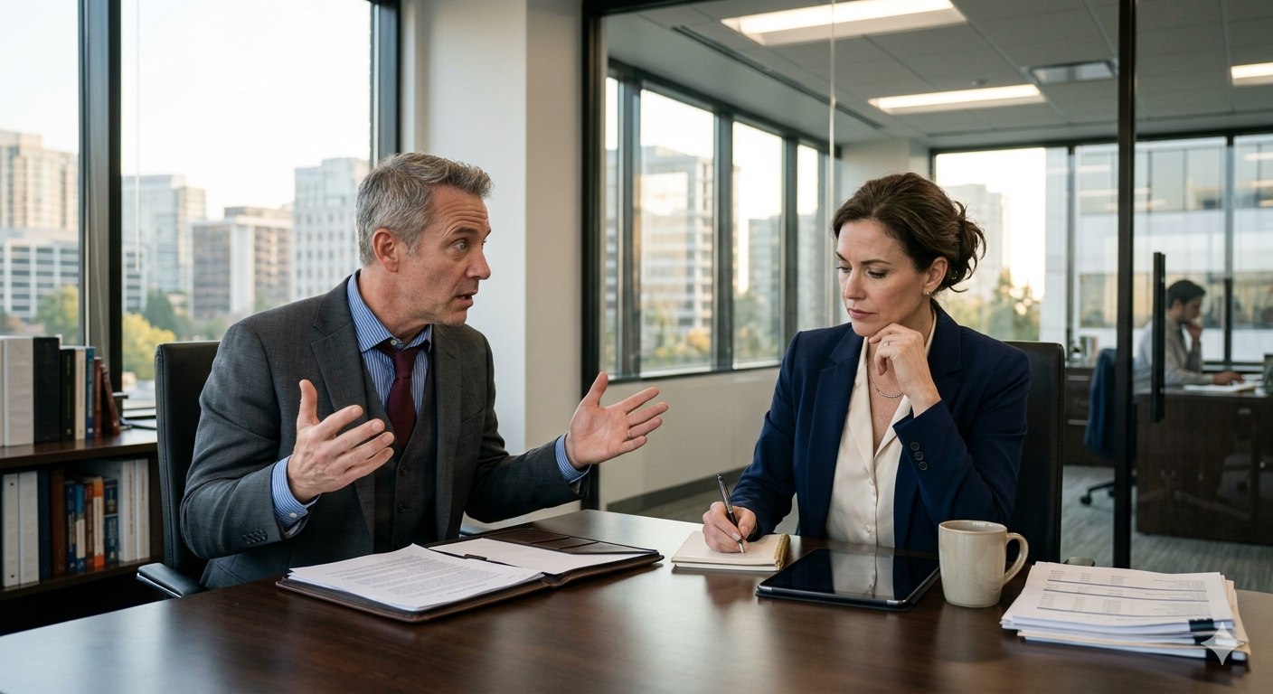Man and woman interacting at a table in a conference room
