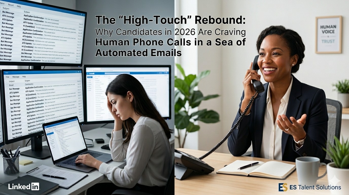 Split images with one side showing a woman at her laptop buried in computer data and the other having a pleasant phone conversation at her work desk