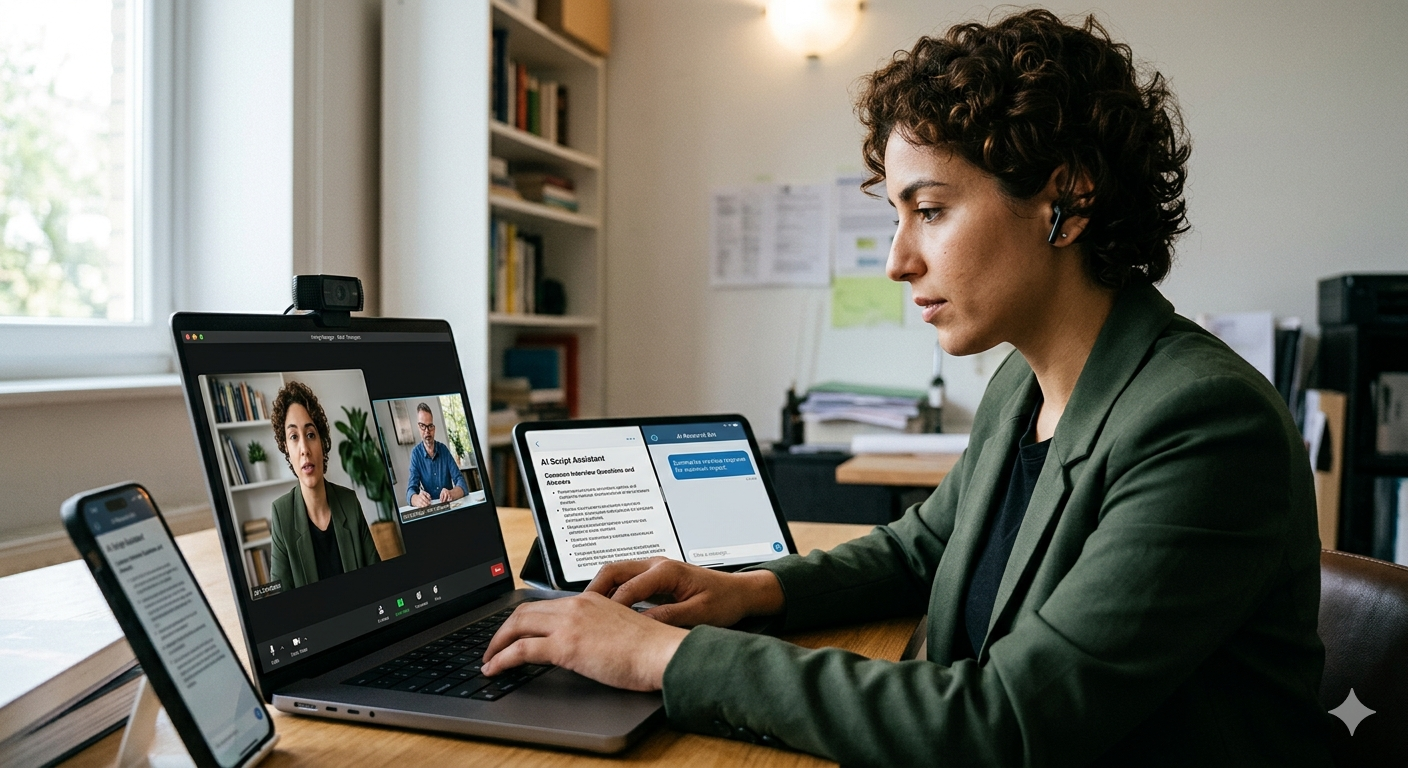 women in video interview trying to use AI to answer questions