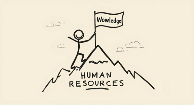 Stick man planting "Wowledge" flag on top of Human Resources mountain