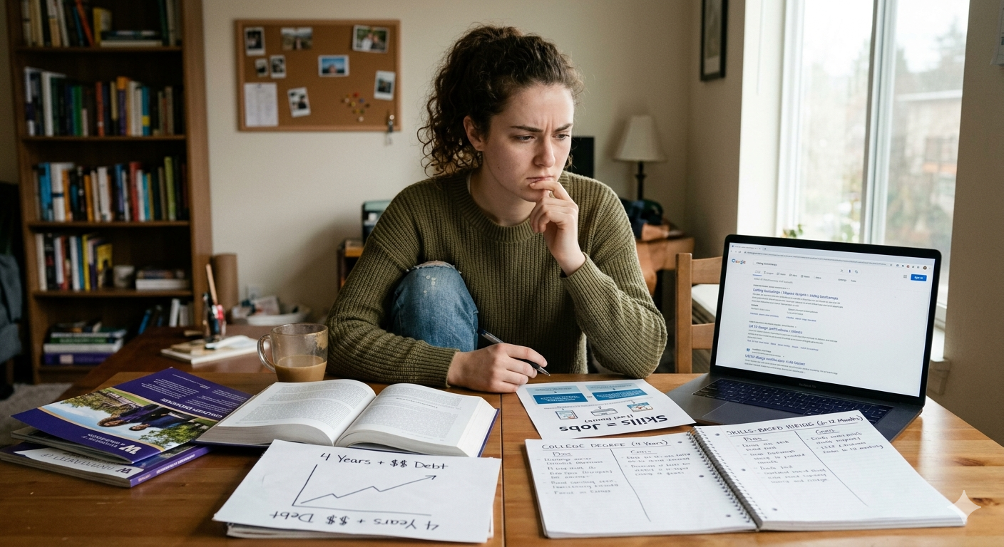 Woman at desk researching college vs immediately working