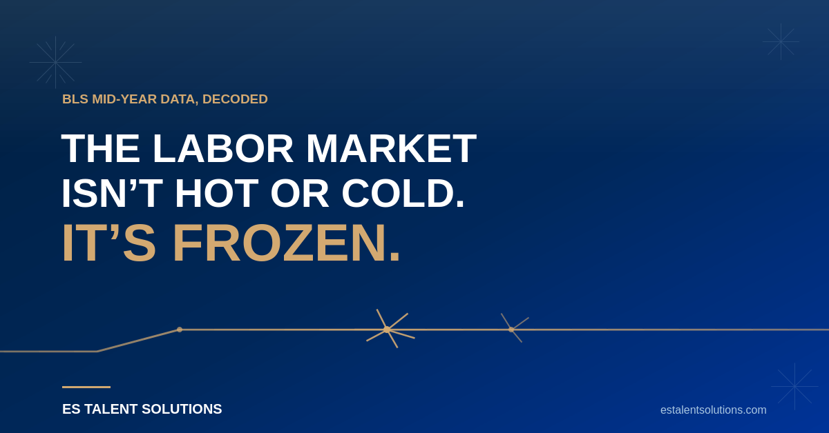Blue background with the words "The Labor Market Isn't Hot or Cold. It's Frozen."