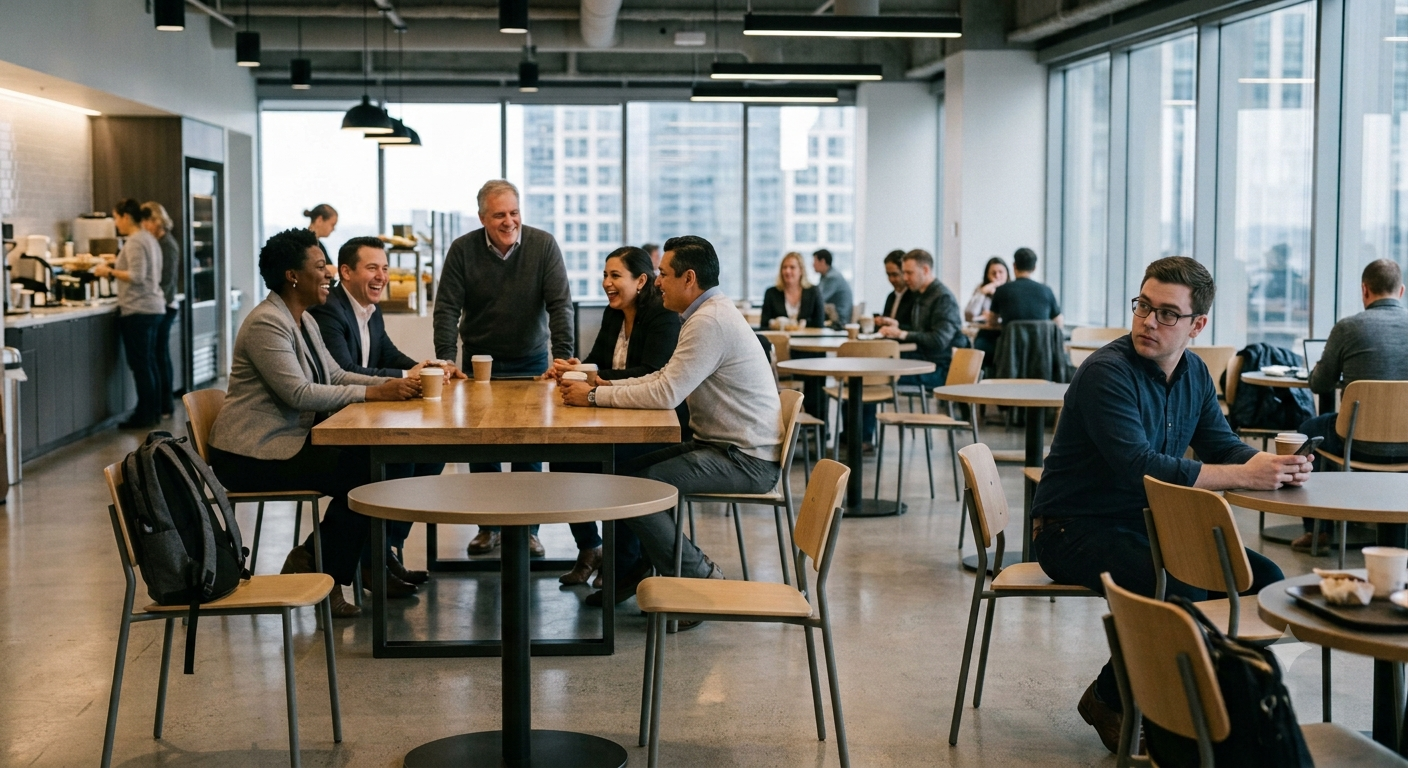 Person sitting by themselves at the company cafeteria