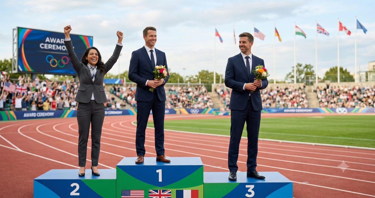 business people receiving medals like at the olympics with the silver medalist celebrating