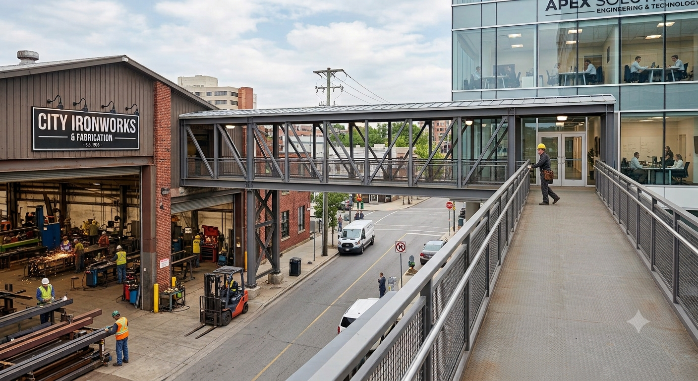 Walkway between a trade skills building and a white collar workers building