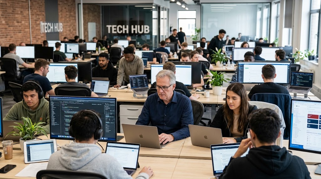 Older man working in the office with all younger employees all around him