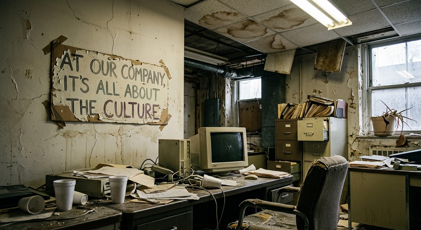 Disgustingly messy office with a sign on the wall that reads, "At our company, it's all about the culture"