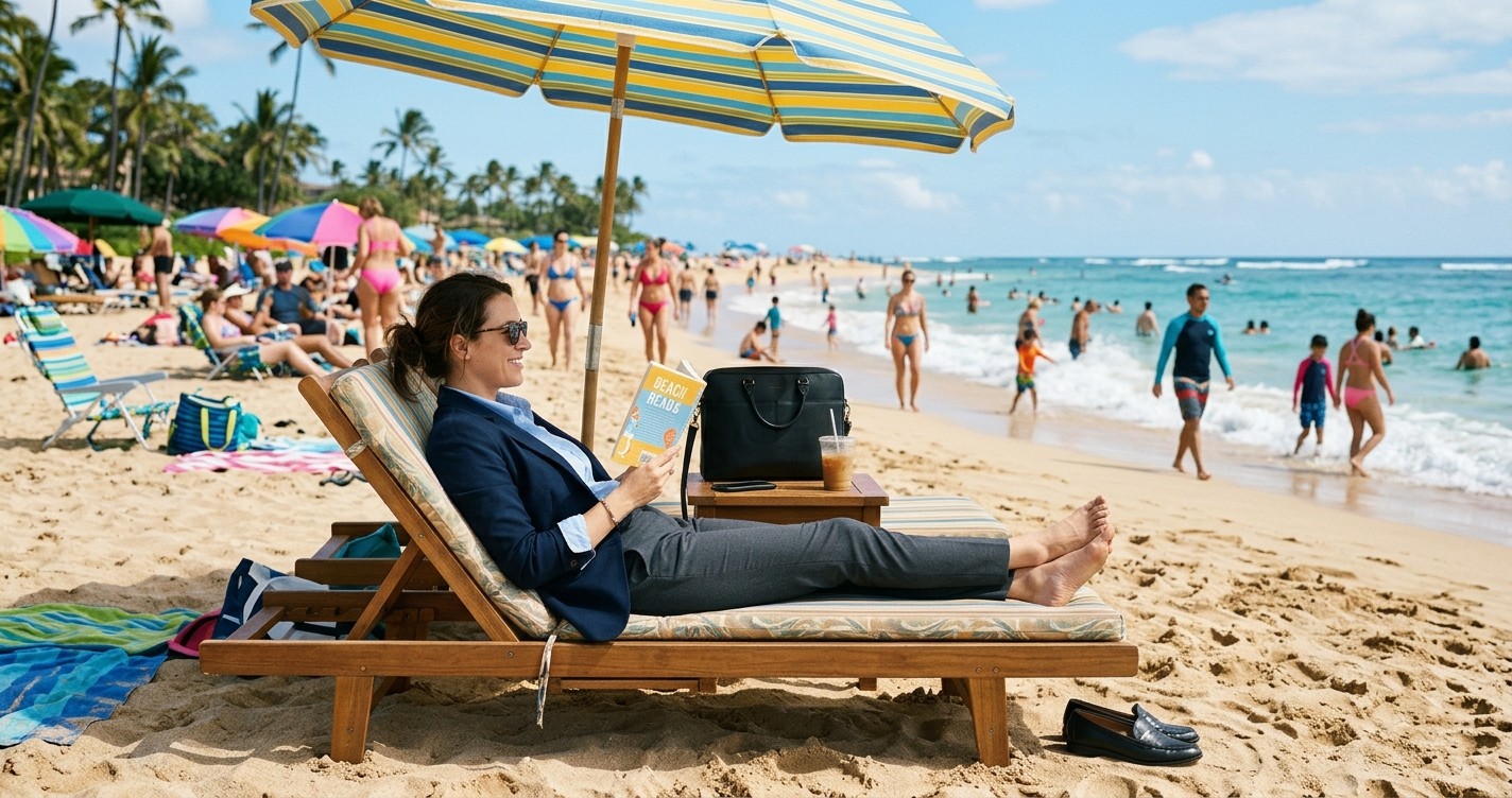 Woman in business attire reading a book on a lounge chair at the beach