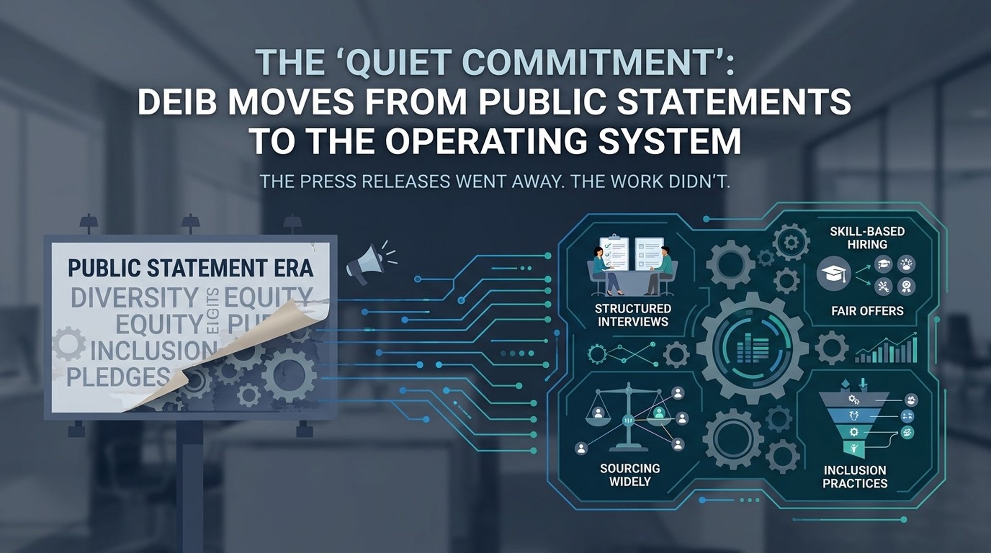 Graphic with the statement, "The 'Quiet Commitment' DEIB moves from public statement to the Operating system