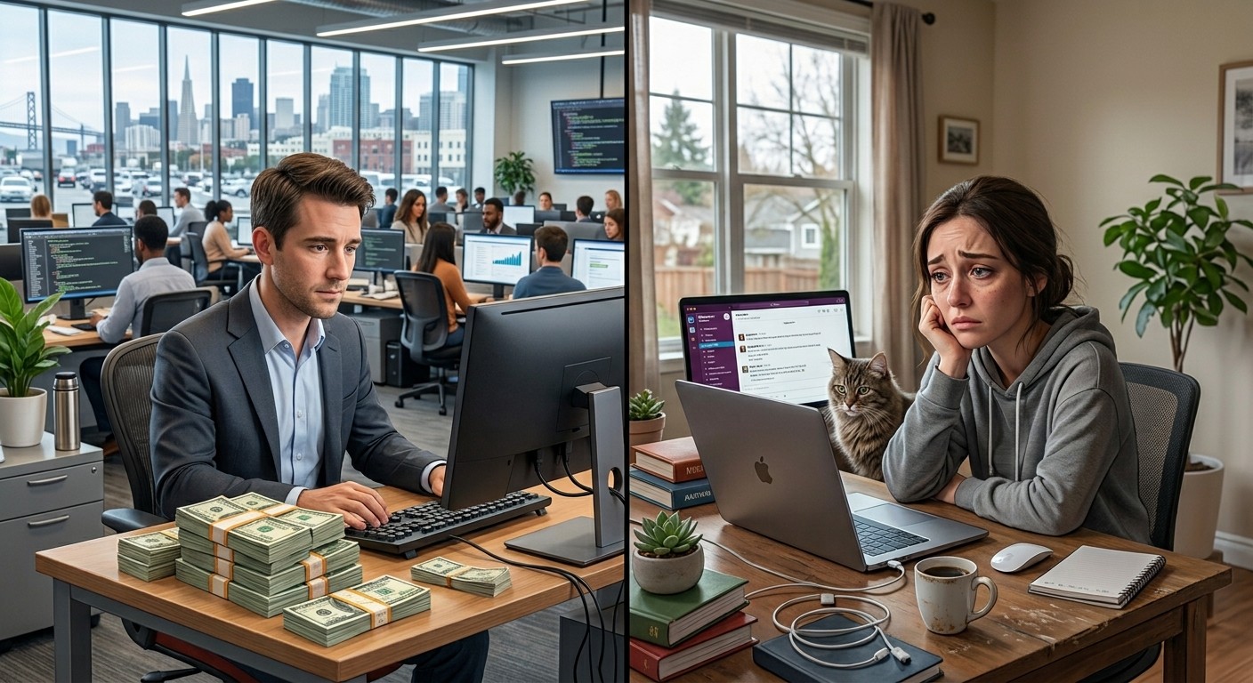Left side of image is a business man working in the office with a stack of money on his desk. Right side is a remote worker at home with her laptop open and a sad look on her face